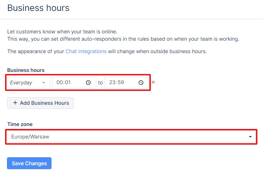 Chat widget business hours